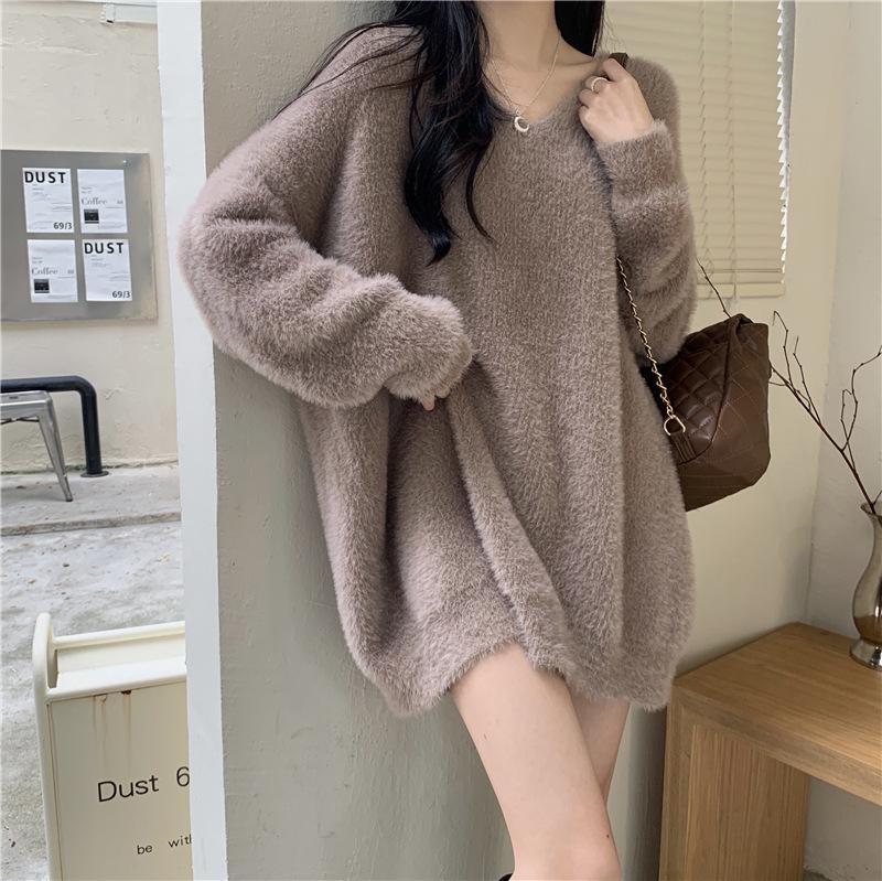 Women's Imitation Mink V-Neck Sweater - Spring & Autumn Korean Sweet Lazy Style, Soft & Plus Size Knitted Sweater
