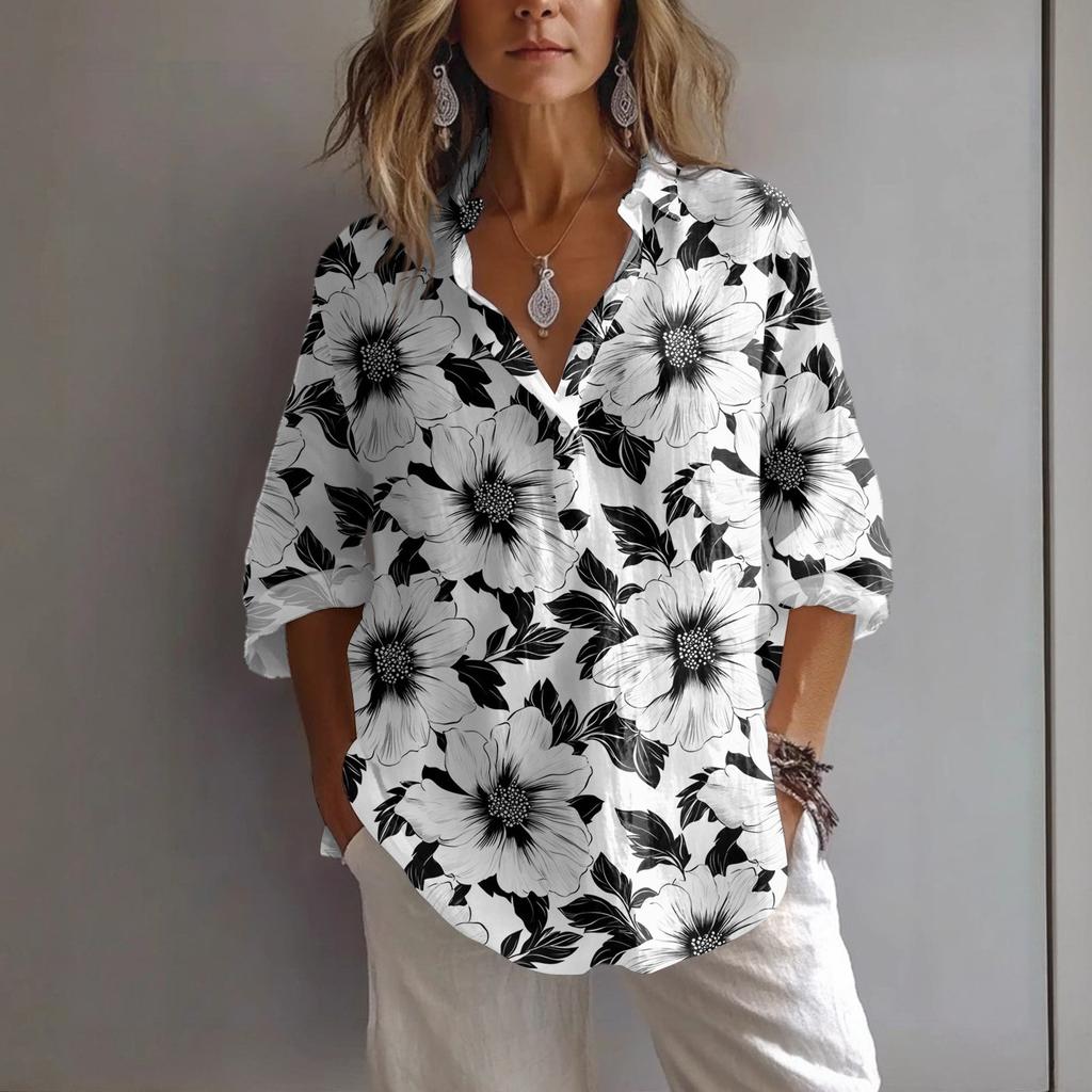 Women's Casual Spring And Summer Loose Printed Casual Sleeved Lapel Pullover Shirt