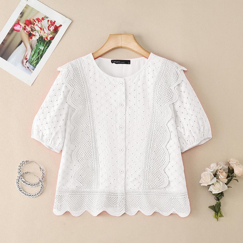 ZANZEA Women Casual Round Neck Patchwork Crochet Loose Short Sleeve Blouse