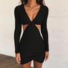 Damen Sexy Herbst- und Wintermode V-Ausschnitt Langärmliges Hüftbetontes Kleid