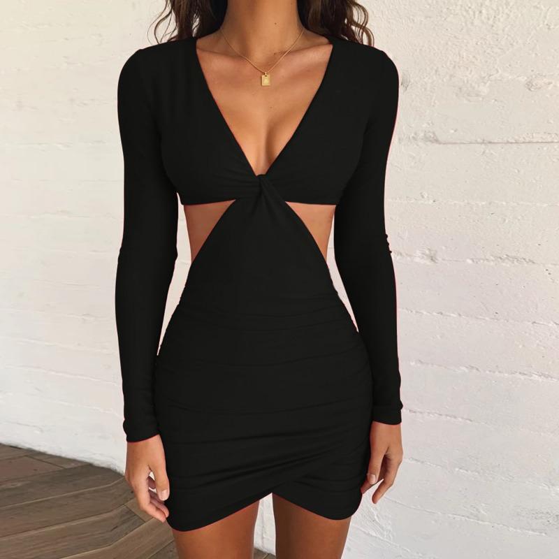 Damen Sexy Herbst- und Wintermode V-Ausschnitt Langärmliges Hüftbetontes Kleid