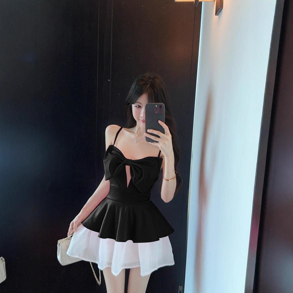 Summer new sexy celebrity halter bow splicing suspender solid color ruffle leaf base dress women