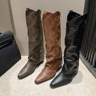 Bottes à Jambe Rivetée, Bottes à Talons Hauts, Bottes Pointues à Talons Épais, Bottes pour Femmes