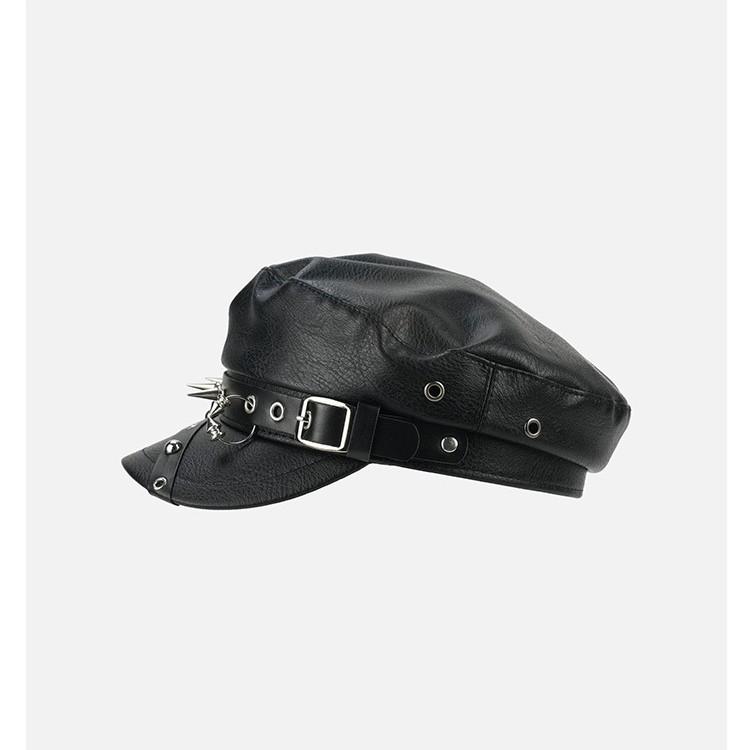Niche tmavý punkový styl nýtovaný baret z PU kůže dámská osobnost horká dívka kožená přezka retro pouliční osmihranný klobouk trend