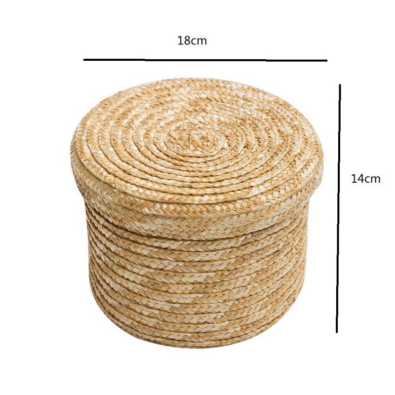 14/16/18/22cm Grass Hand-woven Storage Basket With Lid Weaving Snack Sundries Cosmetics Storage Box Household Storage