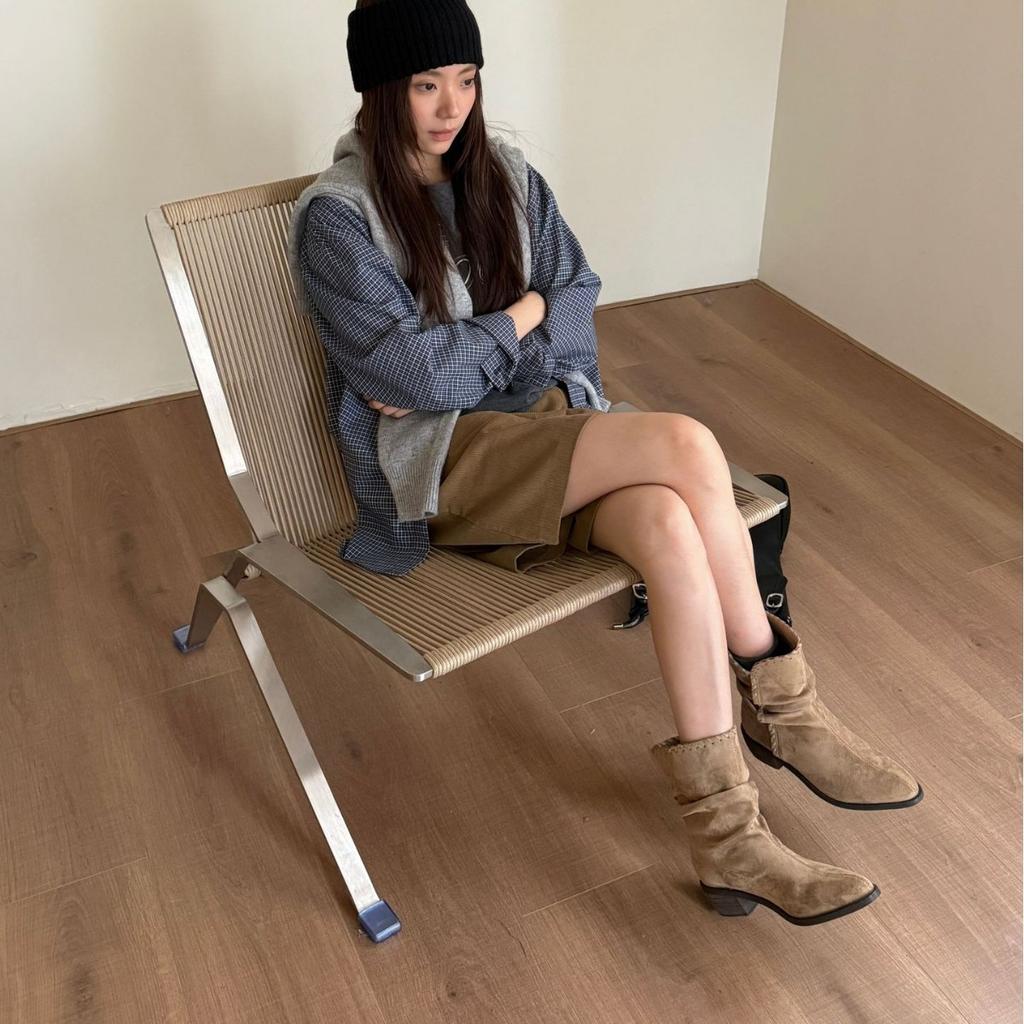 2025 winter new low tube thin suede thick middle heel woven fashion Martin women's short boots stacking boots