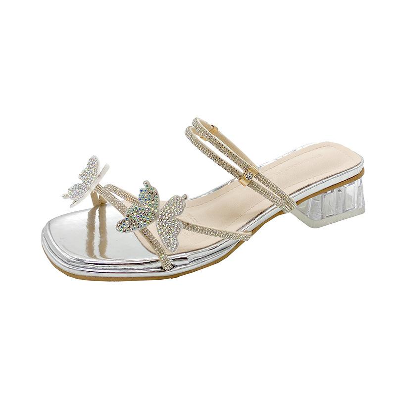 Crystal Rhinestone Butterfly Thick Heel Two Wear Set Toe Slippers Sandals 2025 Summer New Fashion Fairy Style