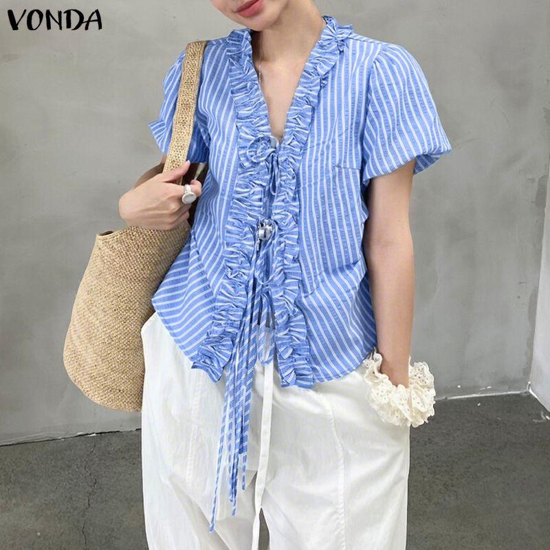 VONDA Women Puff Short Sleeve Bow Knot Striped Casual Ruffled Blouse Tops