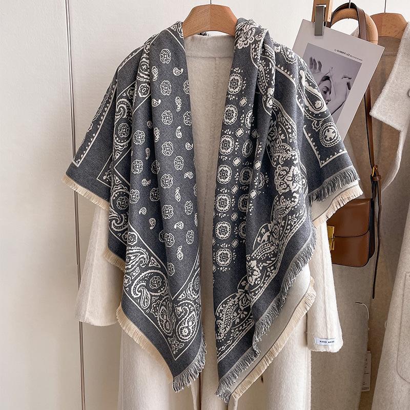 Retro Ethnic Style Cashew Nut Fashion Women'S Imitation Cashmere Thermal Scarf Double-Sided Fringed Large Square Scarf