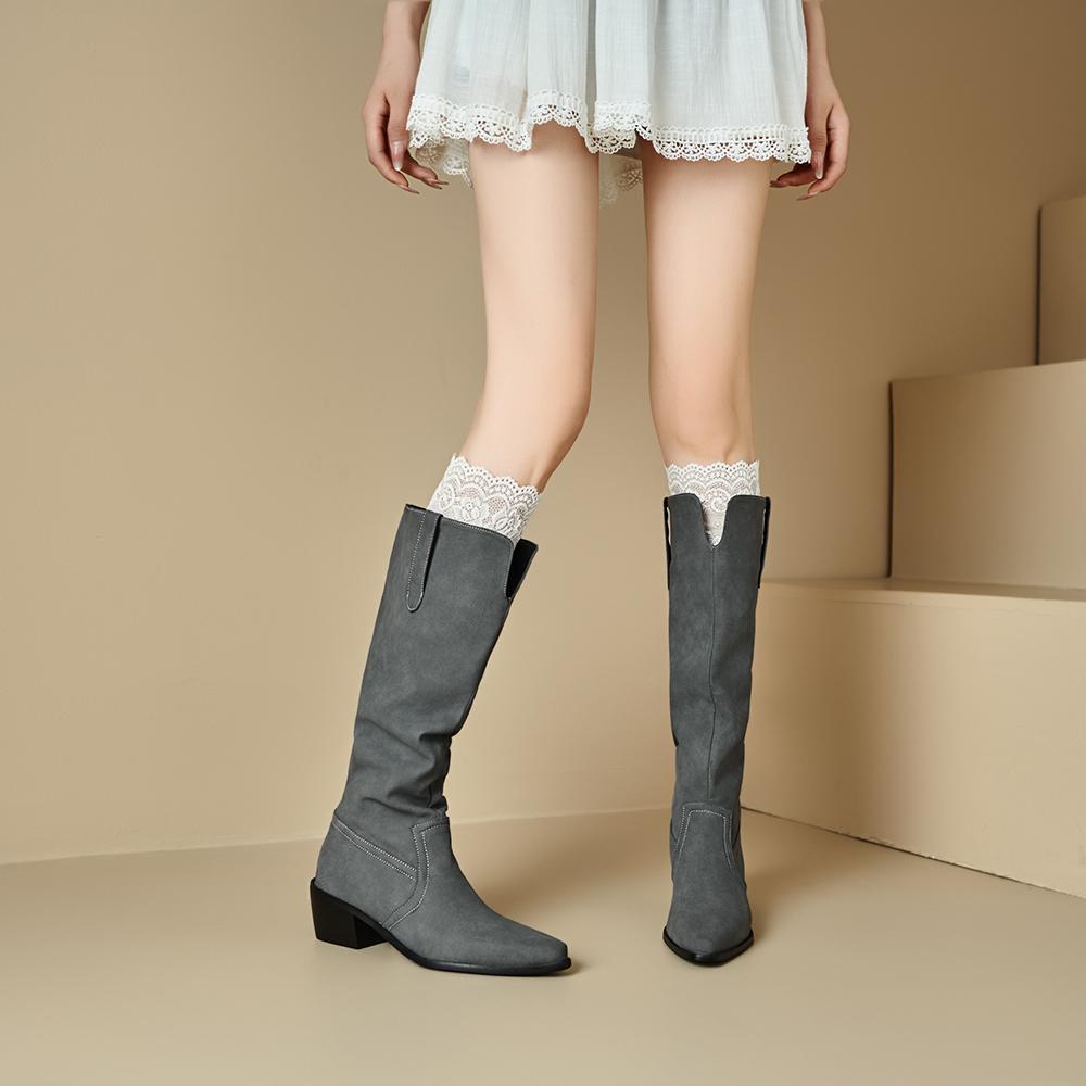 Grey Black Women Knee High Boots High Square Heel Small Big Size 32 48