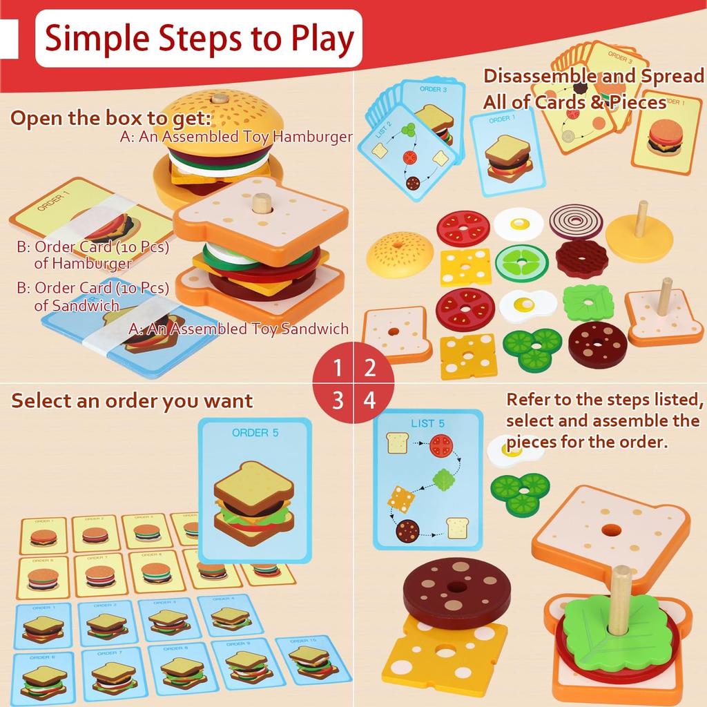 Toddler Montessori Pretend Play Toy Food SET, Stacking Wooden Building Blocks Educational Puzzles Games for Preschool Classroom