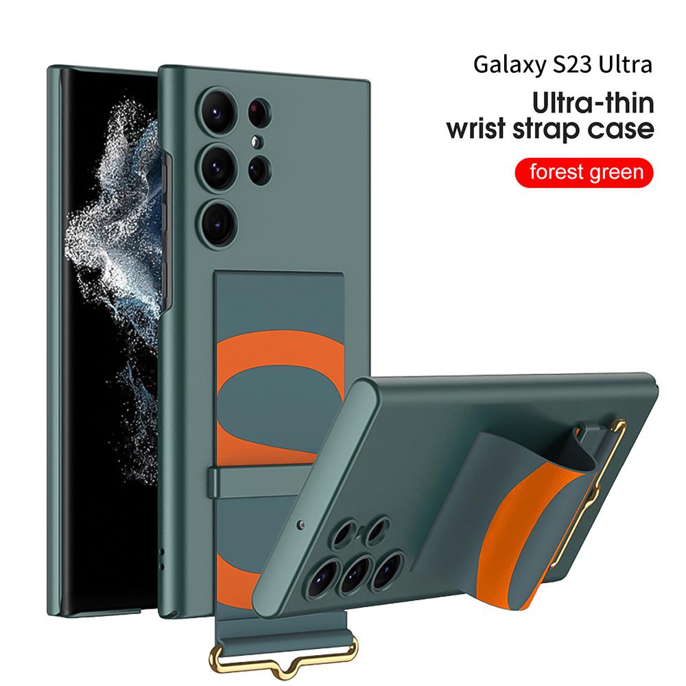 For Samsung Galaxy S23 Ultra S23 Plus Case Leather Wrist Strap Holder Cover Matte Plastic Protection For Galaxy S23 Ultra Cover