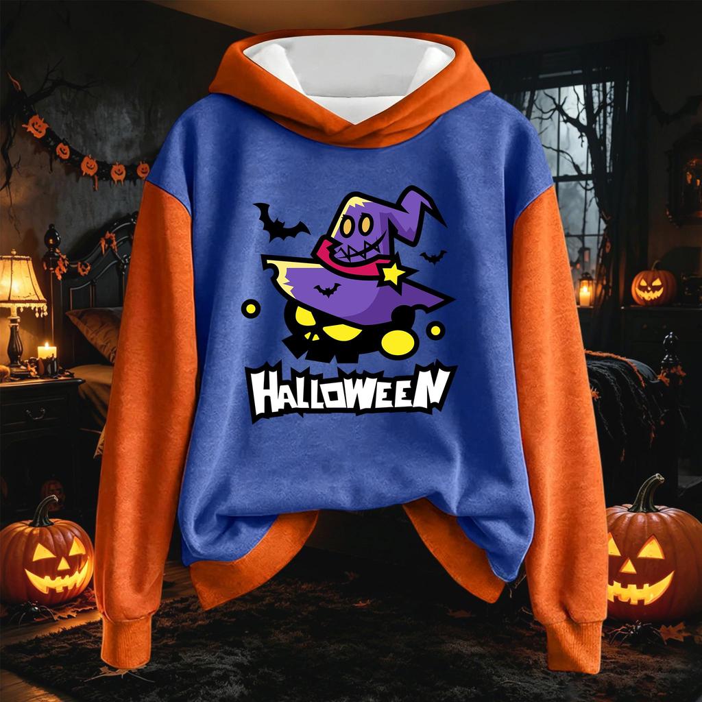 Women's Fashion Long Sleeve Hoodie with Halloween Print Drawstring Pullover
