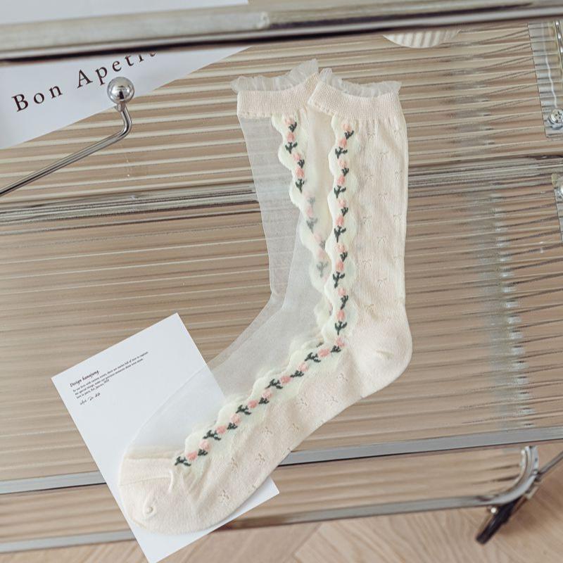 Ultra-thin Transparent Crystal Silk Socks Women Fashion Summer Harajuku Crew Socks Retro Flower Streetwear Elastic Long Socks EMA