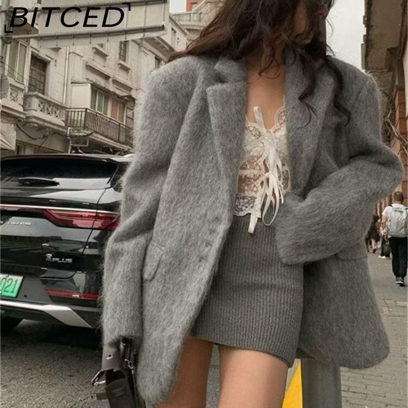 BITCED Fashionable Oversized Collar Wool Fleece Coat for Women Spring/Fall Single-Breasted Long-Sleeve Elegant Coat