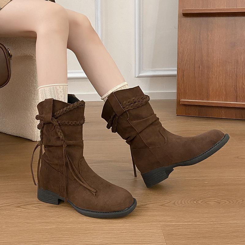 2025 Herbst Retro Ödland Fransen Ritterstiefel Dicke Ferse aber knielange Stiefel Schmaler Schaft Mittelhohe Stiefel