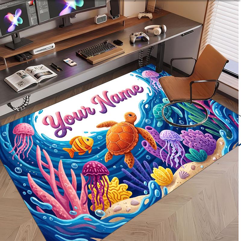 Fish Ocean Theme Soft Crystal Velvet Rug Custom Name & Text Print Non Slip Floor Rug for Bedroom Living Room