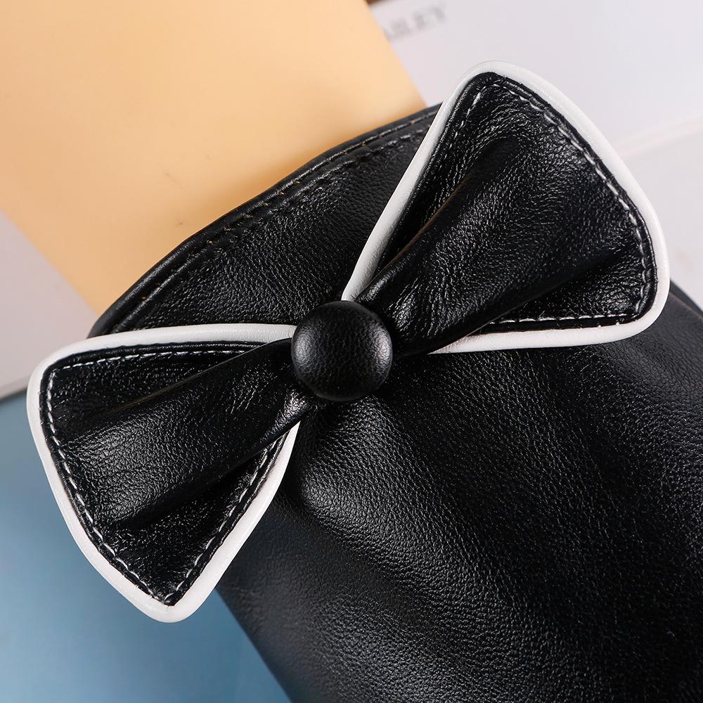 Winter Warm Gloves for Women's Bow Plus Velvet Thickened Water Washed Leather Touch Screen Windproof Cold Waterproof PU Leather Gloves
