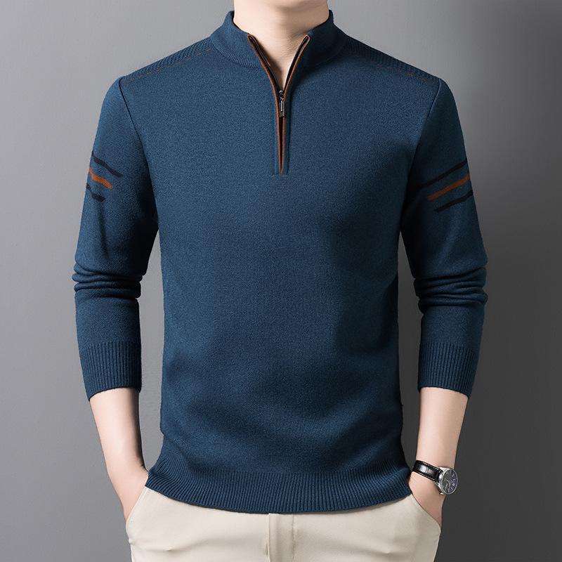 Winter Thickened Zipper Knitted Sweater Semi-Turtleneck Men'S Casual Business Bottom Sweater