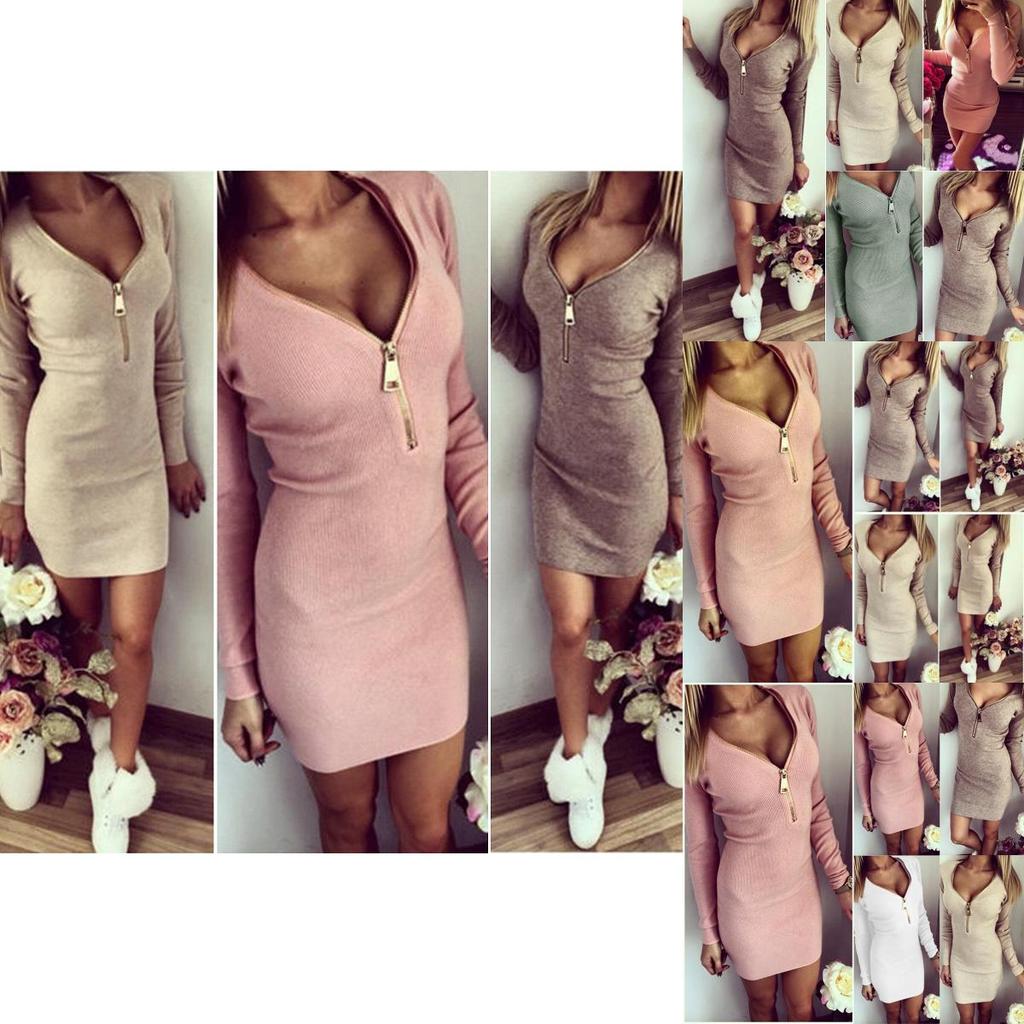 Elegant Women Zip Up V Neck Long Sleeve Knitted Bodycon Party Evening Mini Dress Tops For All Occasions