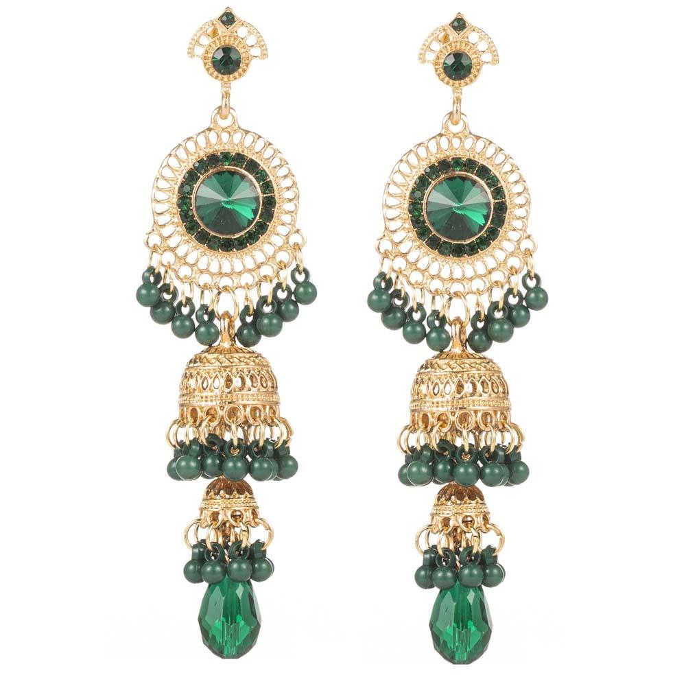Luxury Rhinestone Pearls Ear Drop Thai Style Ethnic Style Ear Studs Bell Tassel Earrings Gift зелёный