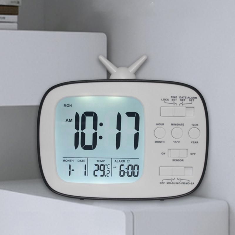 TV Shape Digital Display Alarm Clock With Thermometer and Calendar for Student Bedroom