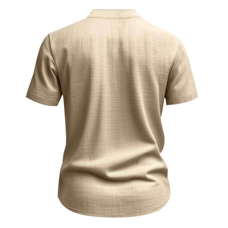 Men's Summer Loose Linen T-Shirt Solid Color American Style Henley Neck Short Sleeve Shirt Breathable Casual Beach Tops Men European American Fashion