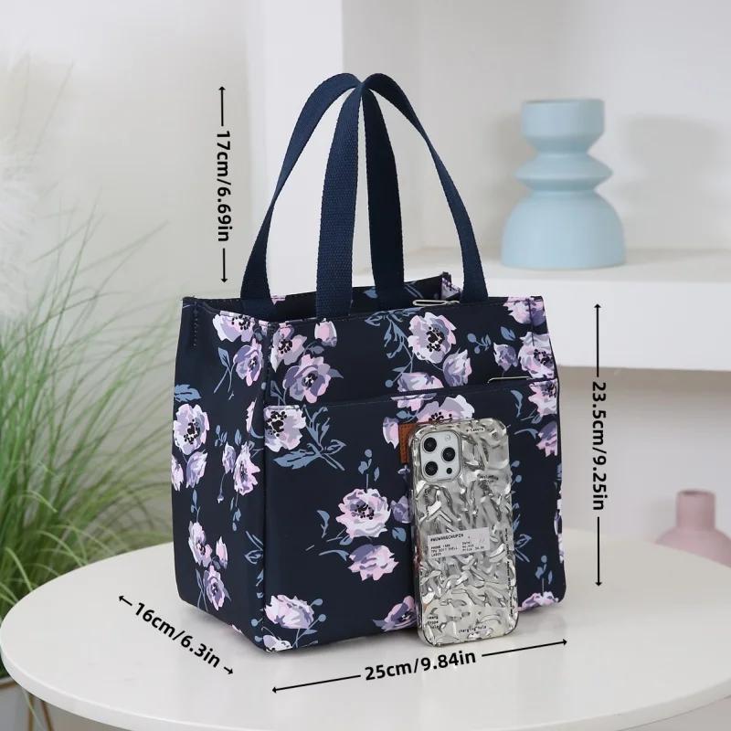Stylish and Practical: Portable Lunch Tote Bag with Flower Print and Thick Nylon Fabric for Work and Outdoors
