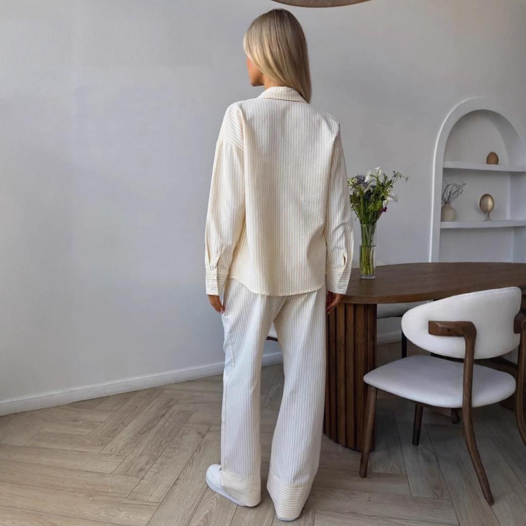 Autumn New European and American Women's Clothing Casual Loose Homewear Women's Striped Shirt Wide-leg Trousers Two-piece Set
