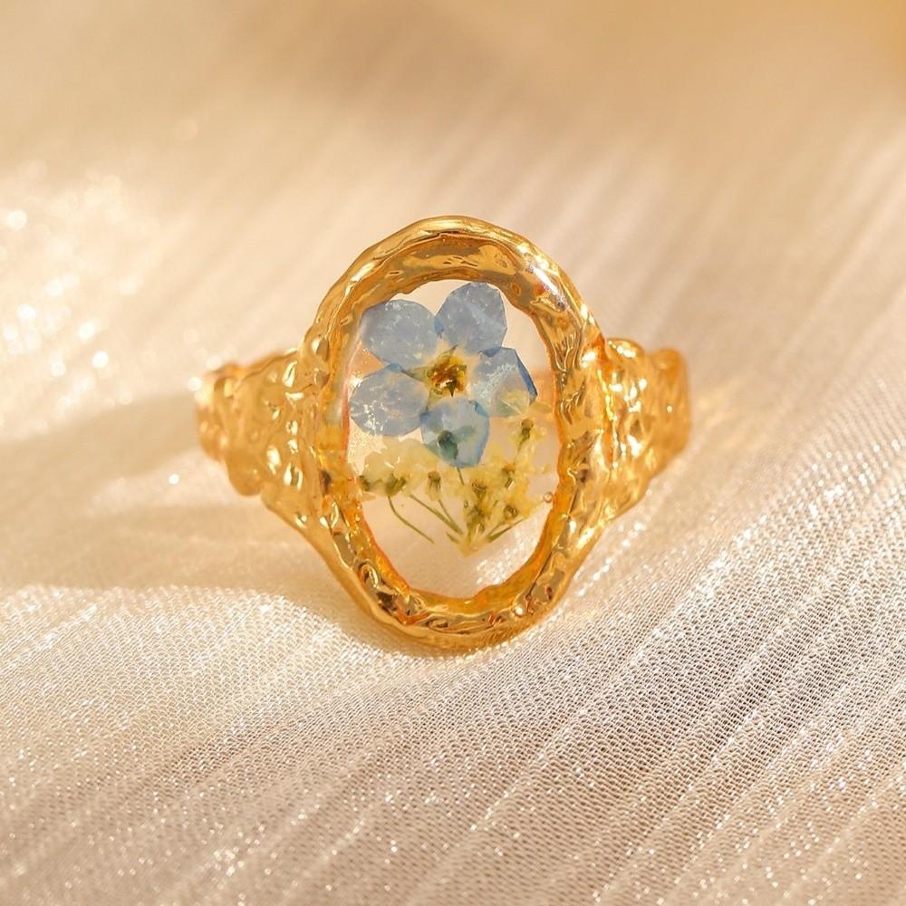 Trend Stainless Steel Geometric Ring Heart Shaped Inlaid Flower Flower Ring Oval Shape Open Ring Jewelry Gift
