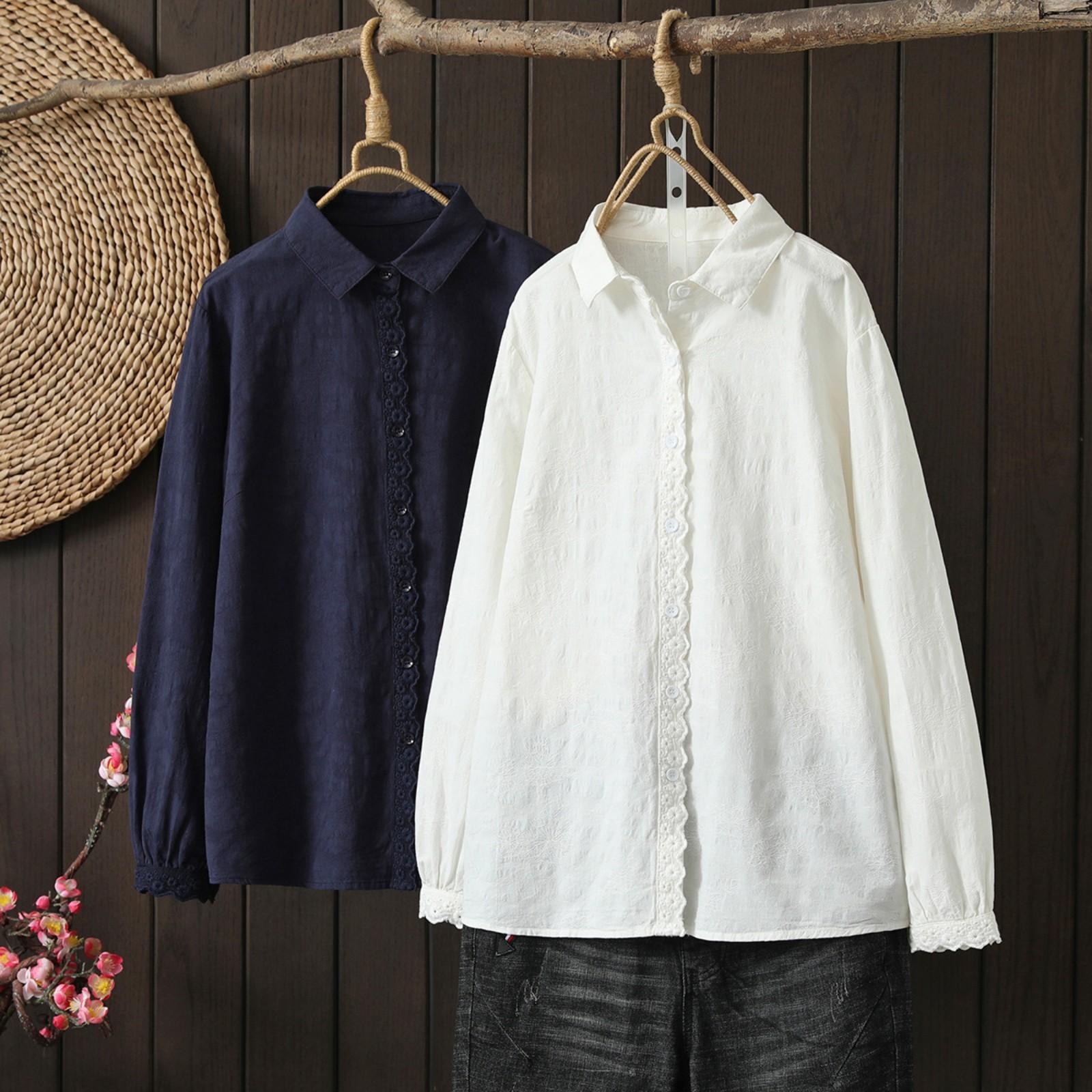 

Jacquards Placket Cuffs Lace Long-sleeved Shirt Female Temperament Thin Blouse Tops One Size білий