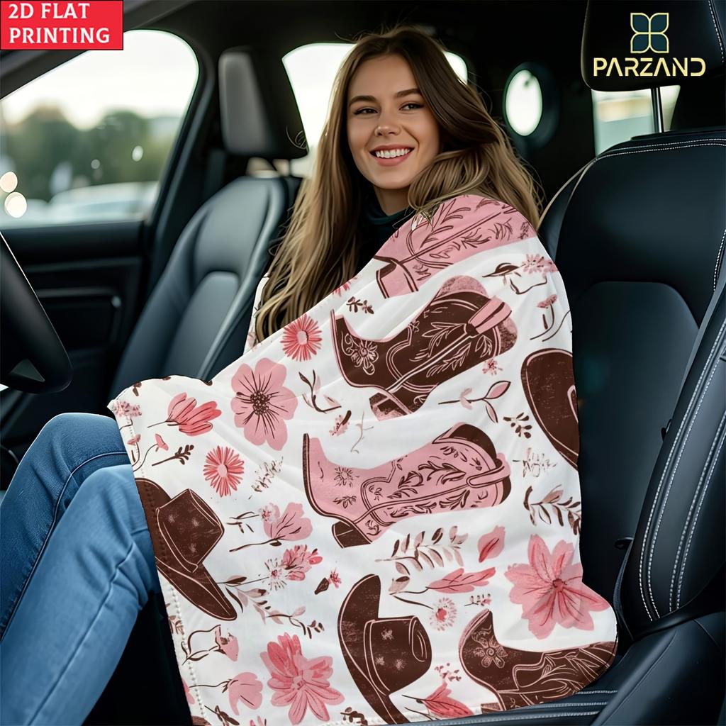 Pink Cowboy Boots Hat Floral Flannel Throw Blanket Western Country Wildflower Decor Sofa Blanket
