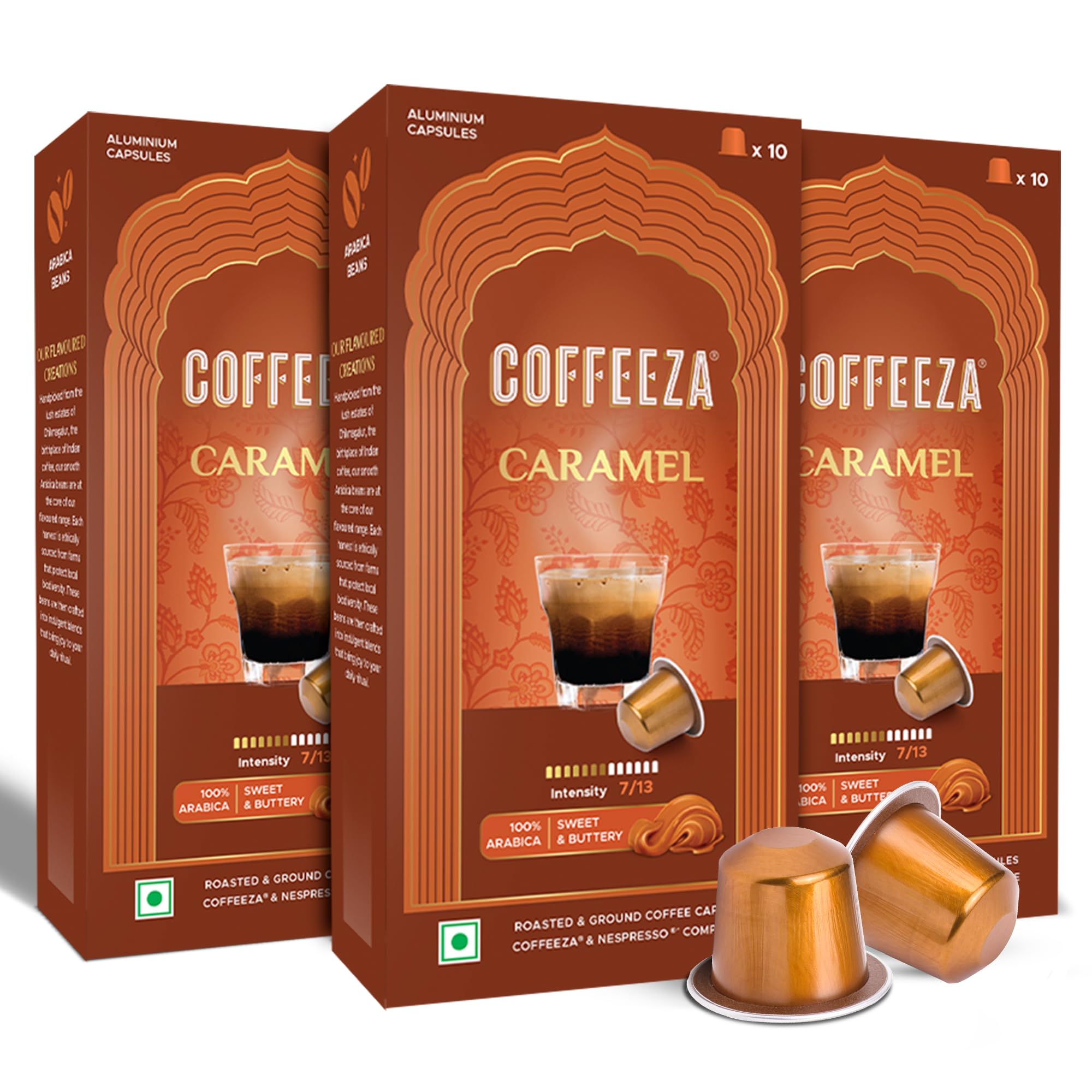 Coffeeza Caramel Flavoured Coffee Capsules, Intensity -7 | Aluminium Coffee Pods |100% Arabica | Box of 3 (30 Capsules) | Brew Cold/Hot
