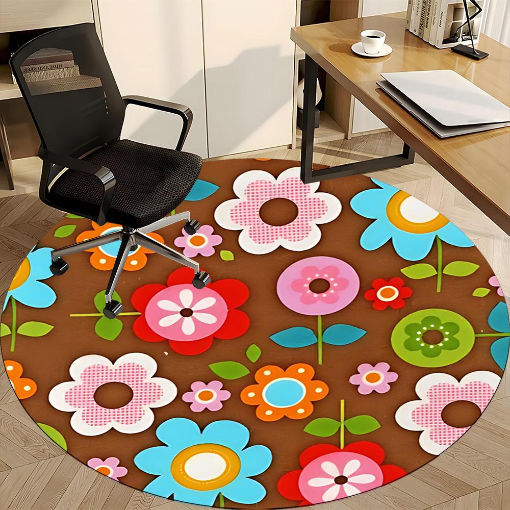 1pc Floral Pattern Chair Carpet for Office, Round Polyester Mat, Indoor Decor for Office, Easycare Fabric, Washable Non-slip Area Carpet
