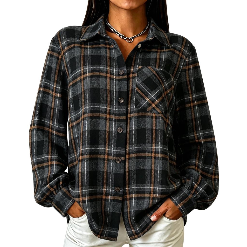Camisa de cuadros casual de manga larga holgada para mujer, top de otoño/invierno con bolsillos