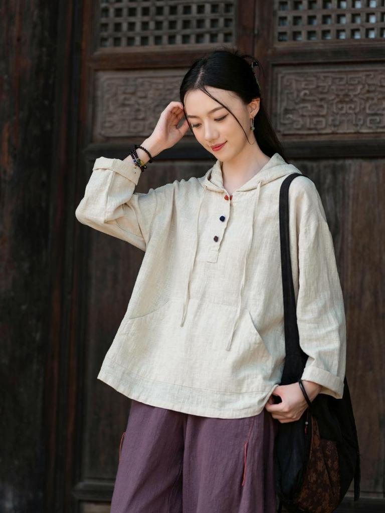 Artistic Retro Women's Long-Sleeved Hooded Linen Pullover Sweatshirt - Loose Casual Washed Cotton Top