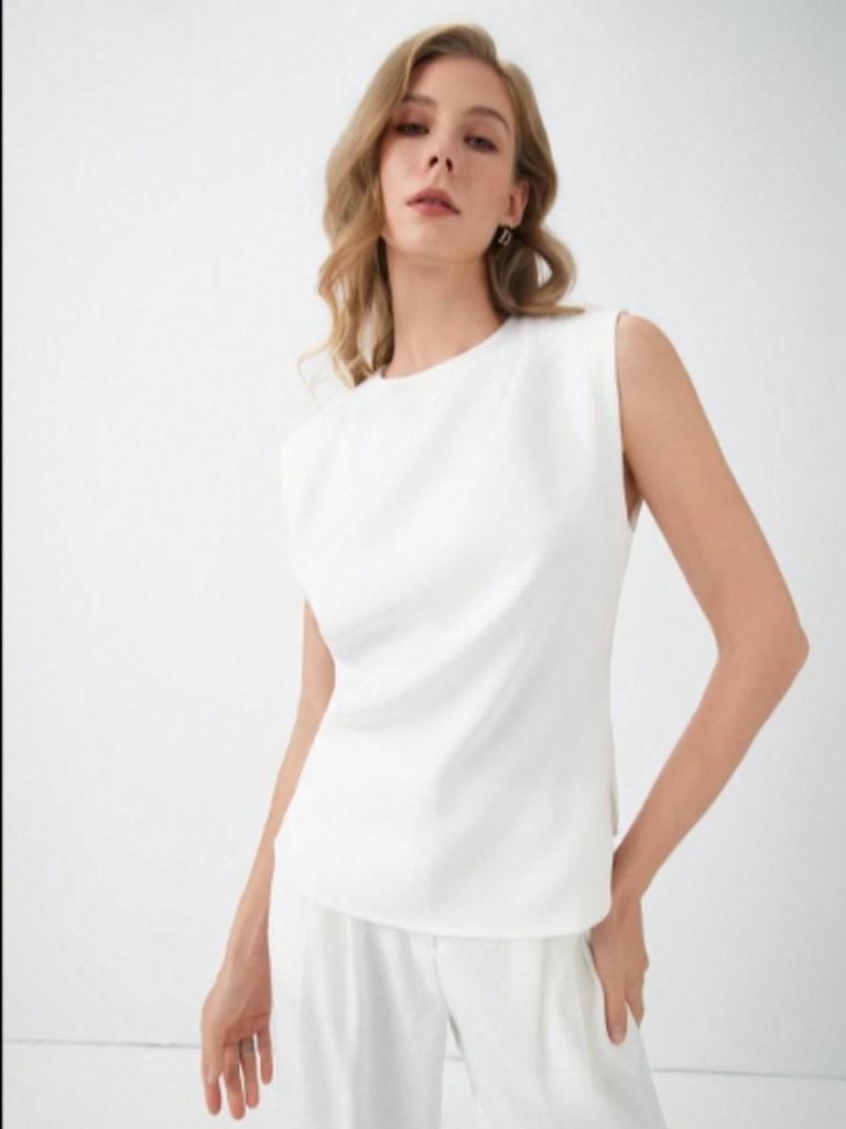 Summer Pleated White Sleeveless Top - Women's Fashion Vest for Workplace Commute