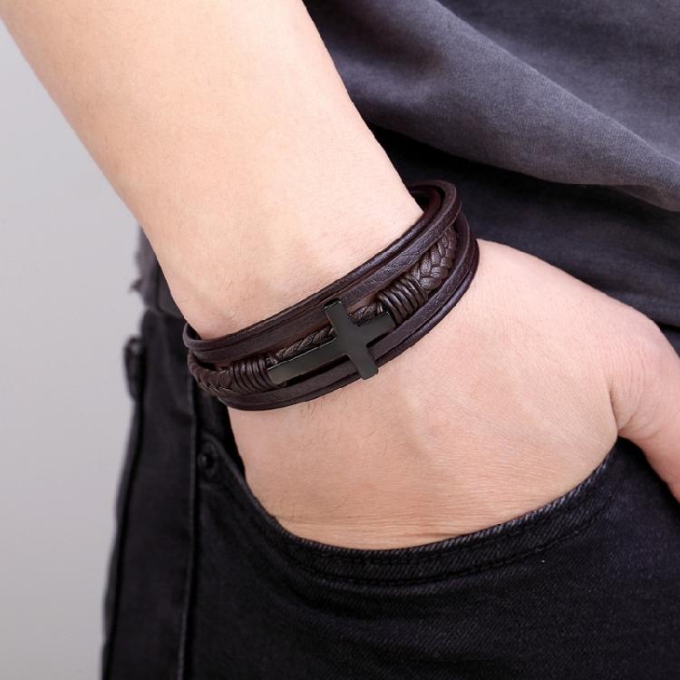 European American Stainless Steel Bracelet Men Crucifix Bracelet Leather Bangle