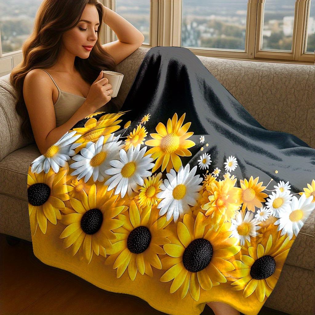 VIKAMA Black Gold Sunflower Flannel Throw Blanket Lint-Free Lounge Blanket Afternoon Tea Gift Bedroom Throw