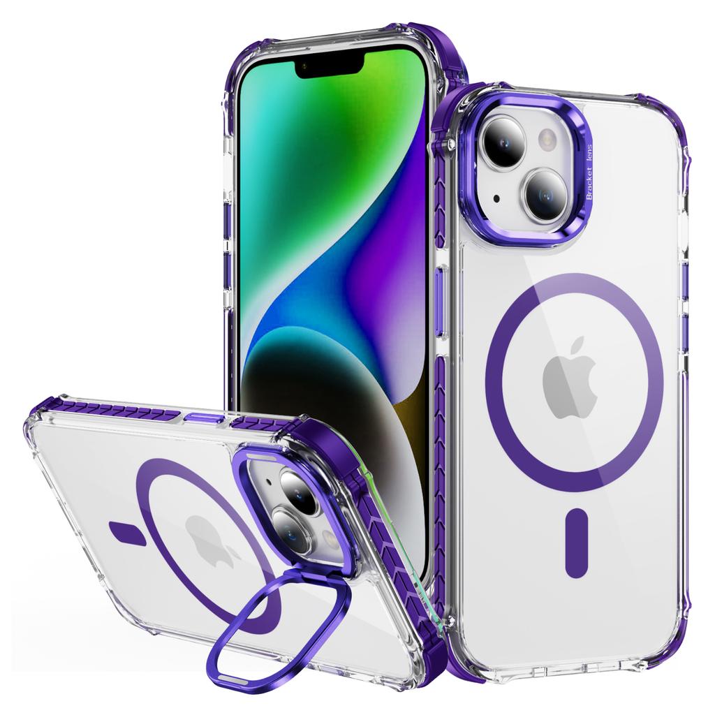 For iPhone 14/13 Clear Phone Case with Lens Kickstand Cover Compatible with MagSafe