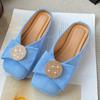 Fashion Square Head Shallow Mouth Cow Suede Slippers Summer New Baotou Crystal Buckle Soft Sole Anti-slip Wear-resistant Flat Shoes