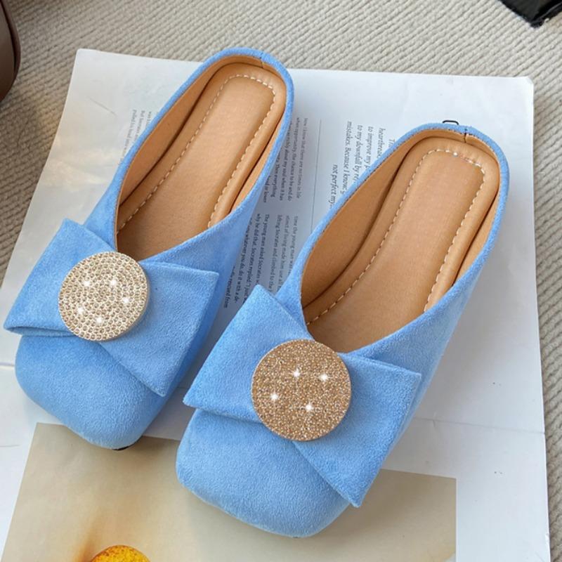 Fashion Square Head Shallow Mouth Cow Suede Slippers Summer New Baotou Crystal Buckle Soft Sole Anti-slip Wear-resistant Flat Shoes