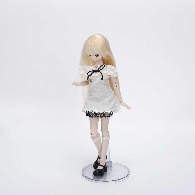 Fashion Doll Outfit Set With Lace Trim Skirt Straight Bangs Hair White Stockings 24cm BJD Obitsu