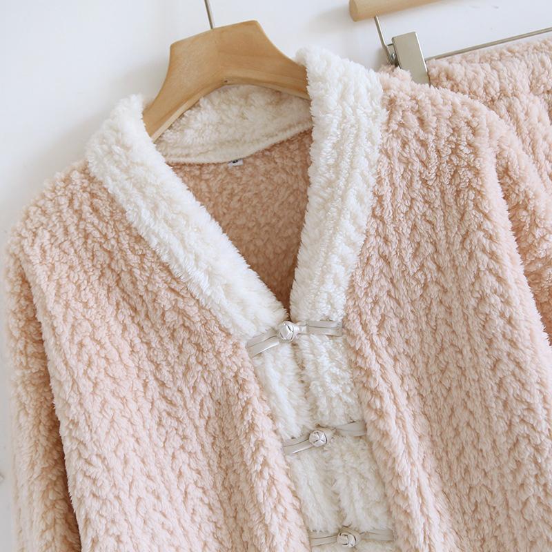 New Autumn Winter Women's 2PCS Pajamas Suit Flannel V-Neck Thickened Warm Long Sleeved Cardigan Sleepwear Loose Homewear