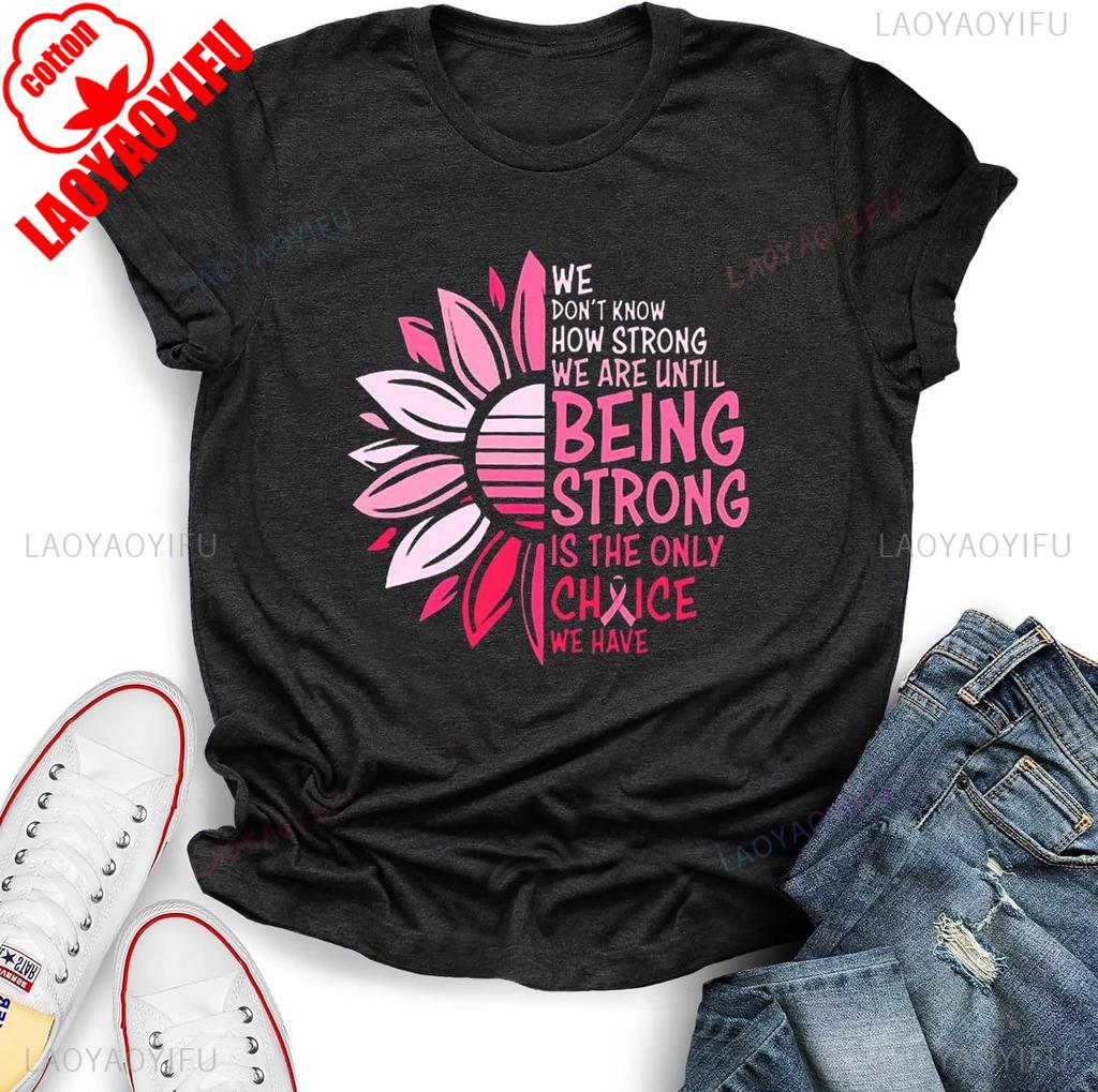Bröstcancer Awareness Ljusrosa Band T-shirt Unisex Stöd Överlevare Hopp Bomulls T-shirt Andningsbara Toppar Band Symbol Styrka Kärlek