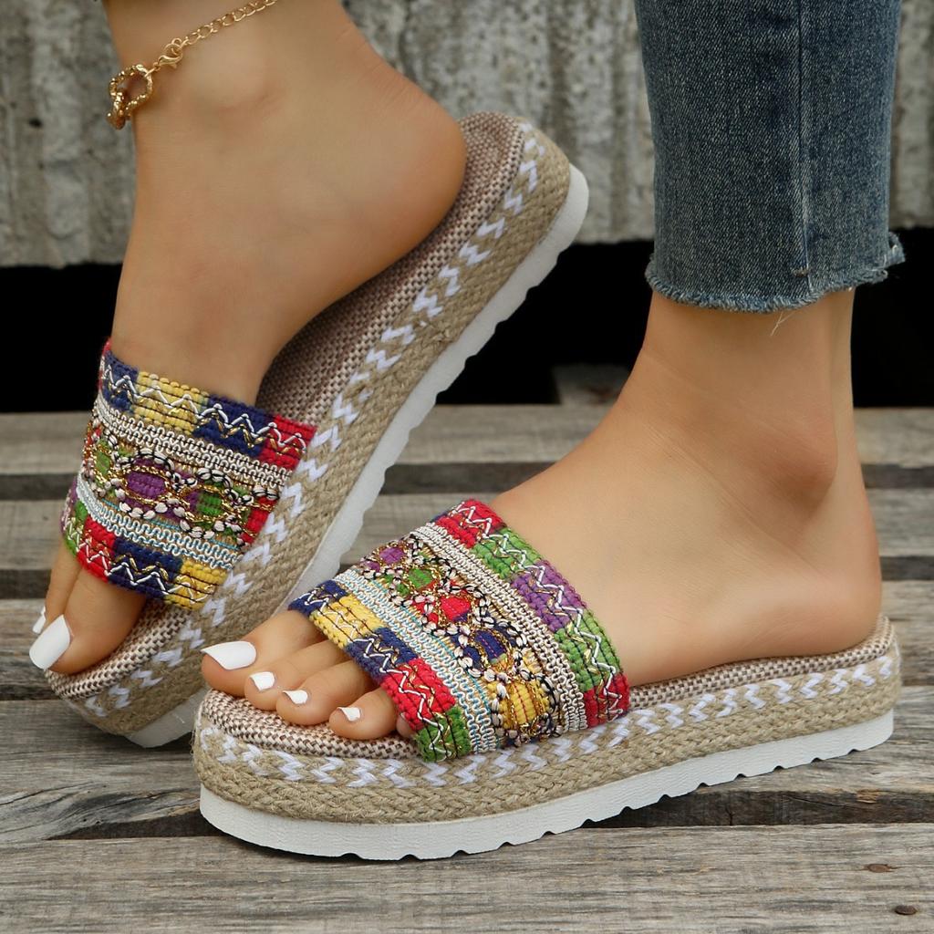 Xia New Women's One-word Thick-bottomed Fish Mouth Hemp Rope Candy-colored Slippers