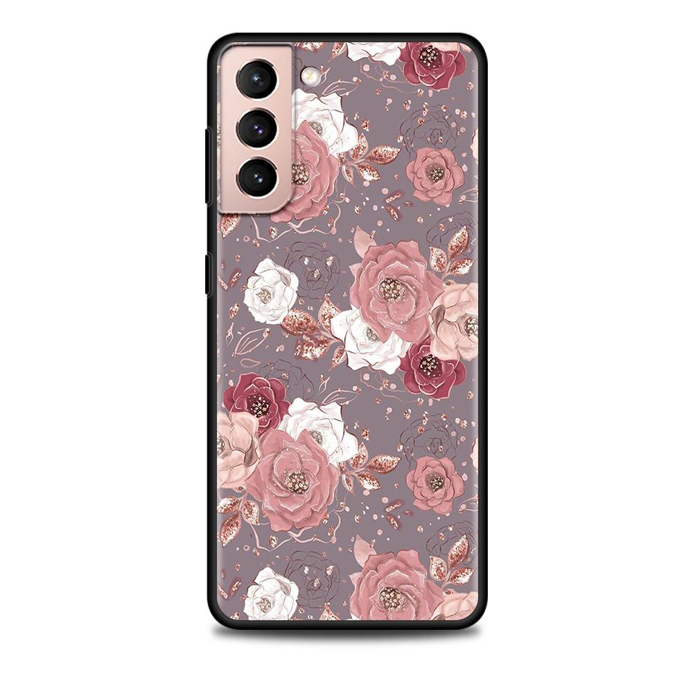 Pink Rose Bling Print Case for Samsung Galaxy S20 FE S21 S22 Ultra S10 Plus S9 S8 S10e S7 Edge Silicone Black Soft Phone Cover