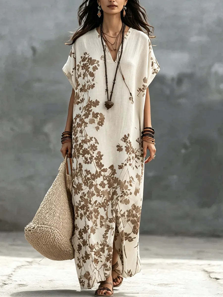 Summer new European and American women s clothing V-neck loose dress European and American style printing short-sleeved split-ended long dress S хаки
