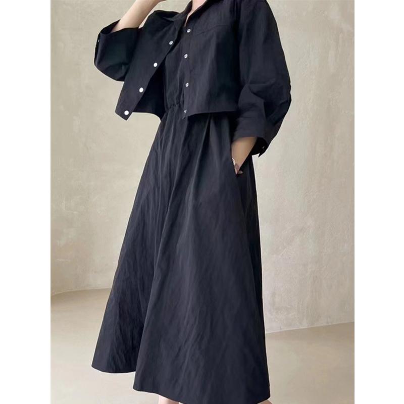 Summer 2 Pieces Women's Dress Suits Turn-down Short Jacket and Solid Casual Tank Dress Sets Outfits Spring