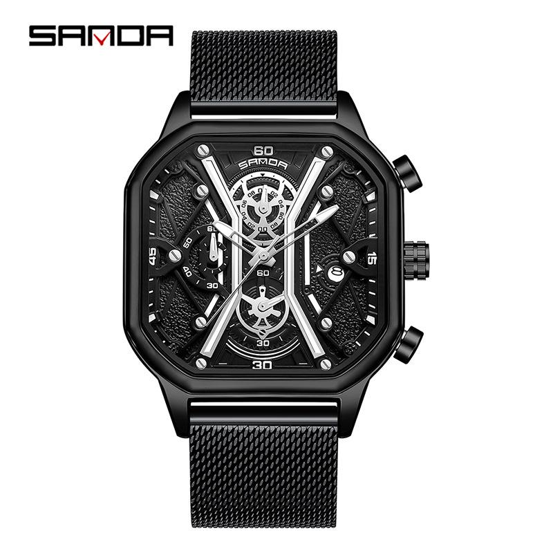 SANDA Trendy Men's Square Quartz Watch - Fashionable Multi-Function Calendar Wristwatch